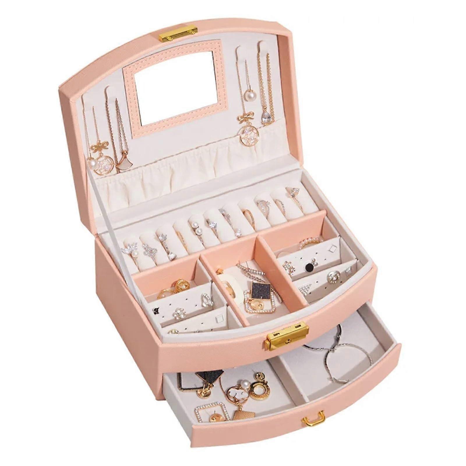 Lightweight, luxurious semicircular jewelry box, portable with lock, doublelayer ringnecklace storage case (Pink)