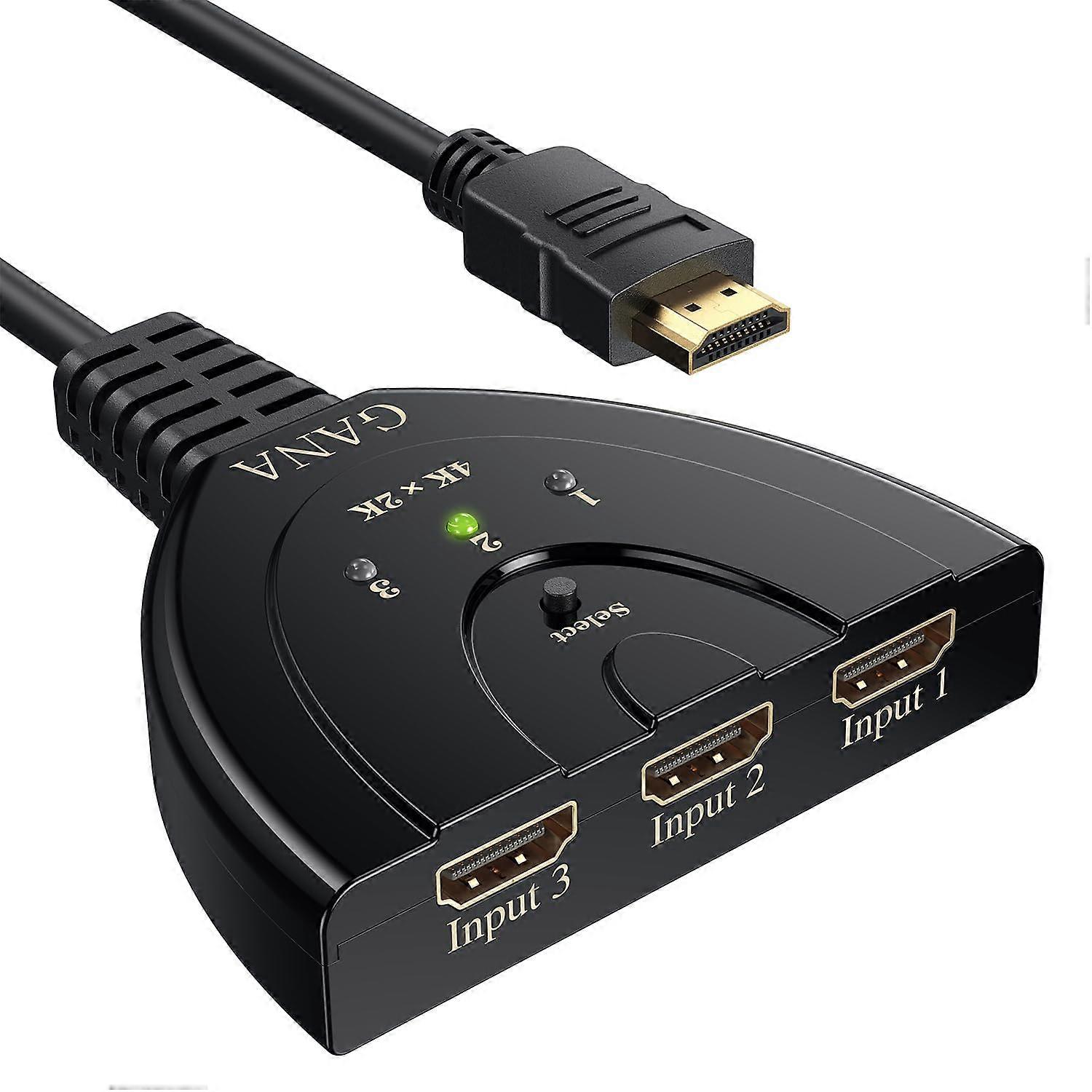 HDMI Switch 4K, Gold Plated 3Port HDMI Splitter HDMI Switcher Supports 4K/Full HD1080p/3D with Speed Pigtail Cable