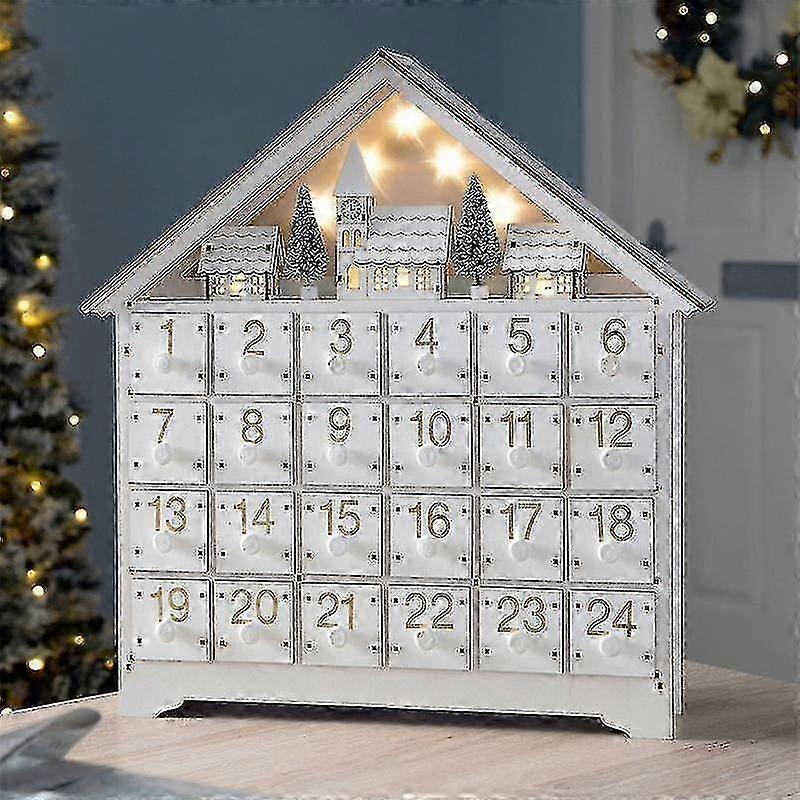 24 Days White Wooden Led Christmas Advent Calendar Storage Drawer