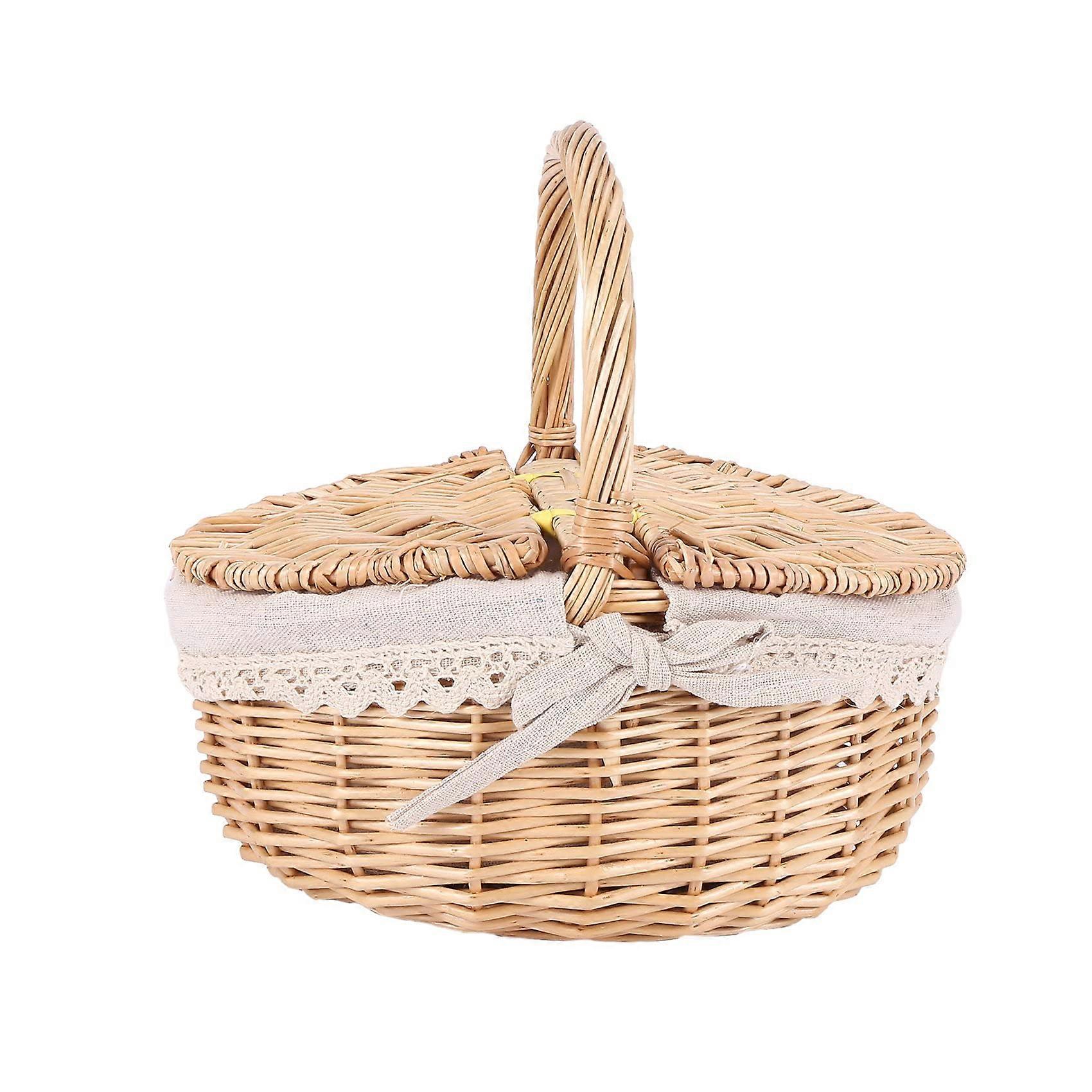 Handmade Wicker Basket With Handle - Large Wicker Camping Picnic Basket With Double Hamper And Cloth Lining