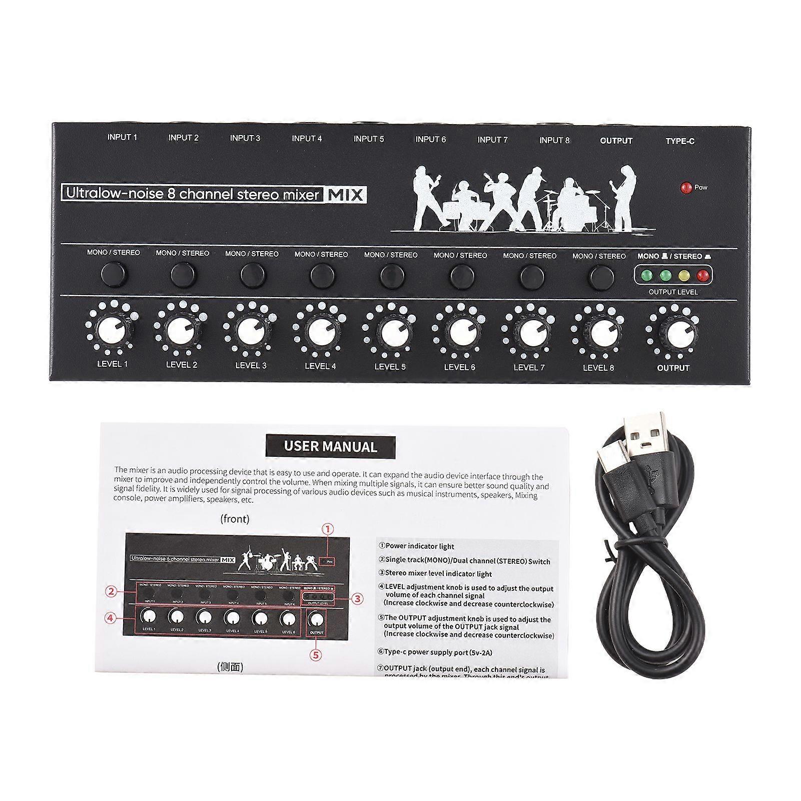 8 Channel Audio Mixer Mono/Stereo Switching Audio Mixer with Level Indicator Light 6.35mm TRS/TS Input Metal Iron Shell Type-C Audio Processor Mixer I