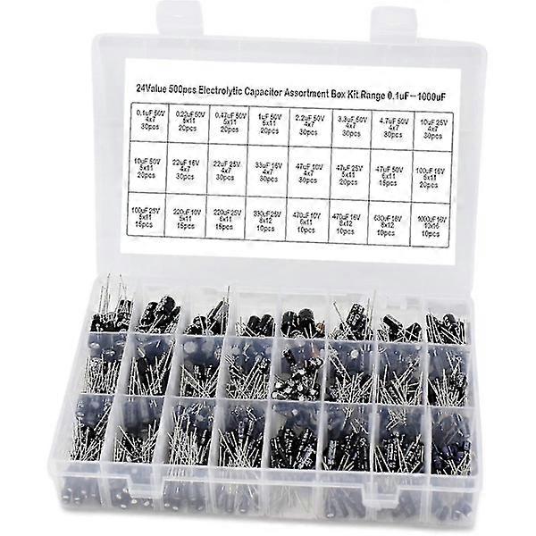 Assortment Box with 24 Values 500pcs Electrolytic Capacitors, Range 0.1uf 1000uf