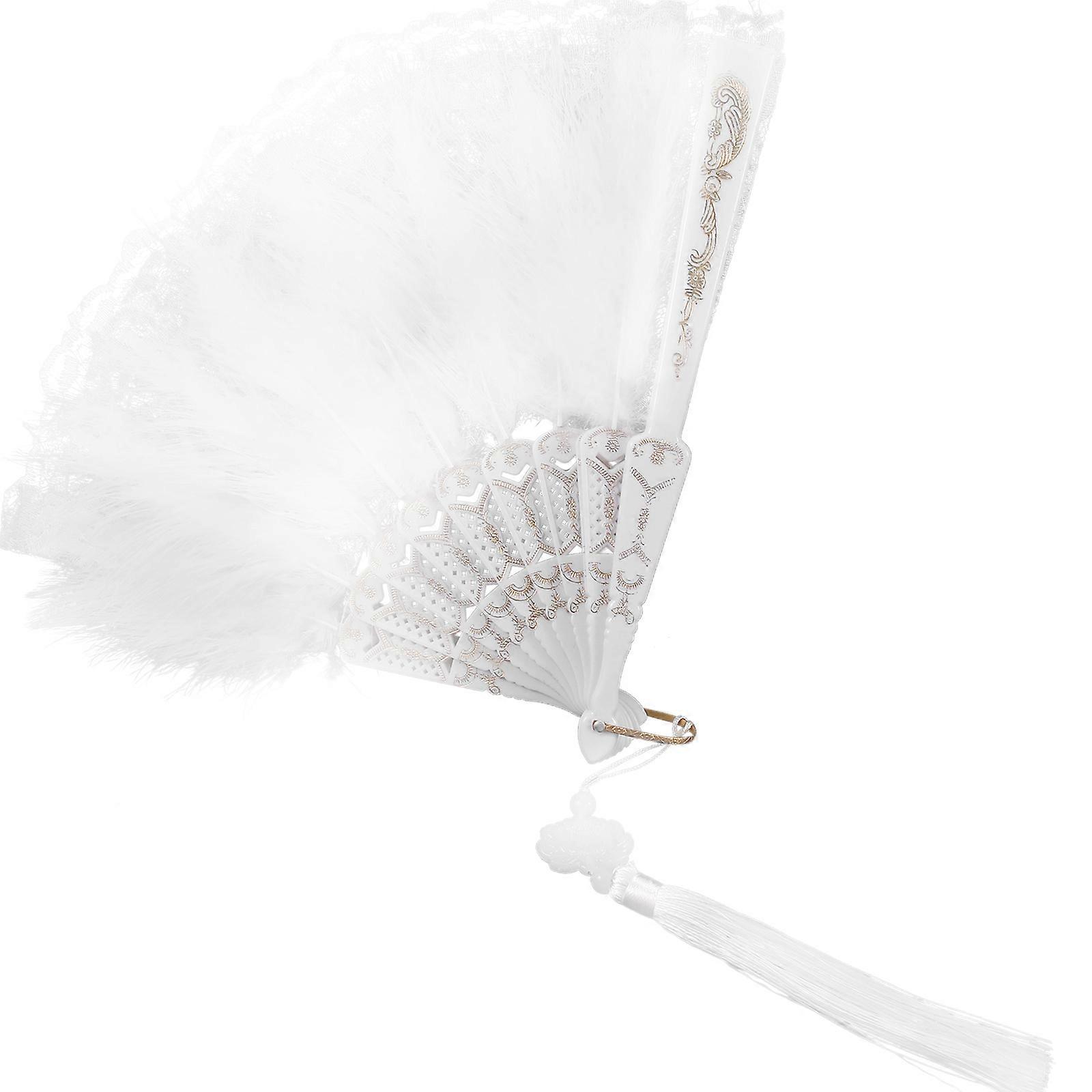 White Lace Folding Hand Fan for Women's Stylish Plume Fan for Dancing Party and Summer Cooling Use