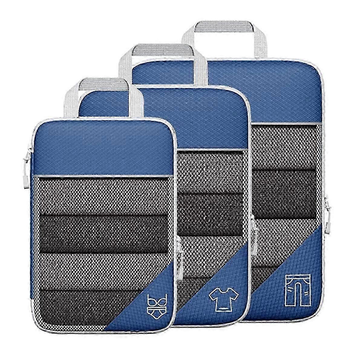 3pcs Portable Bags Travel Compressible Storage Pouch Set Mesh Visual Luggage Organizer,blue