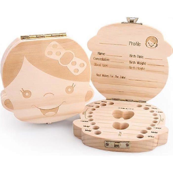 Drawing Girl Milk Tooth Box Organizer for 20 Teeth Baby Keepsake Baby tooth box in Pine Wood