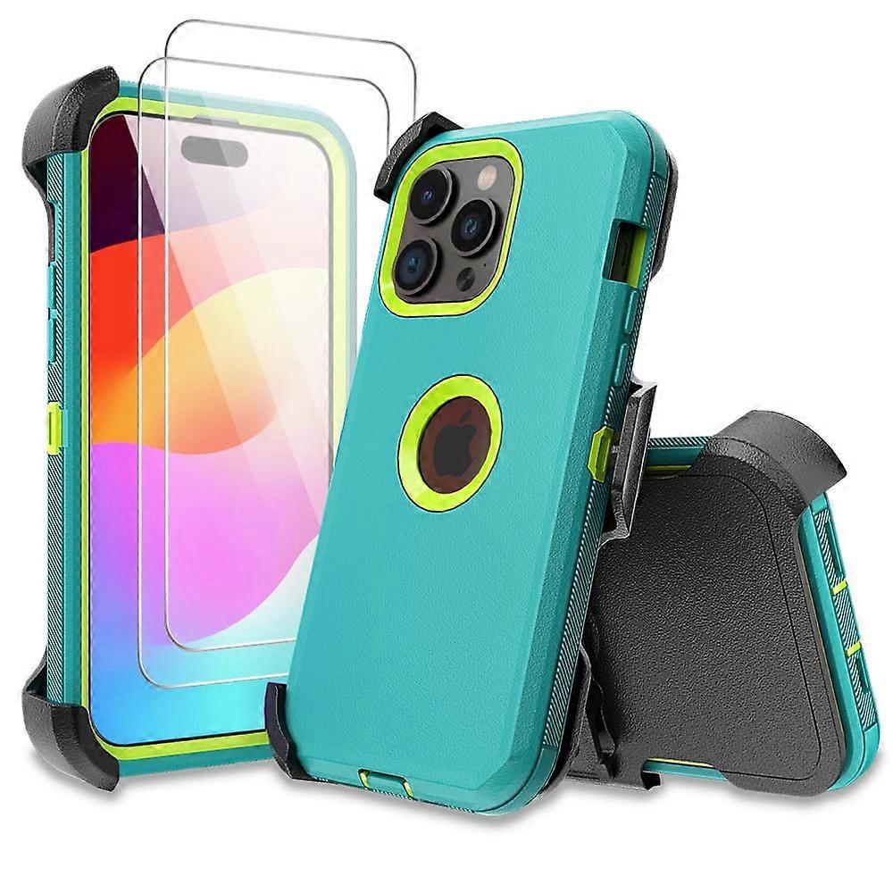 Xhy for compatible with iPhone 15 Case with Screen Protector & Belt Clip, Military Grade 3-in-1 Shockproof Armor - Green+Yellow