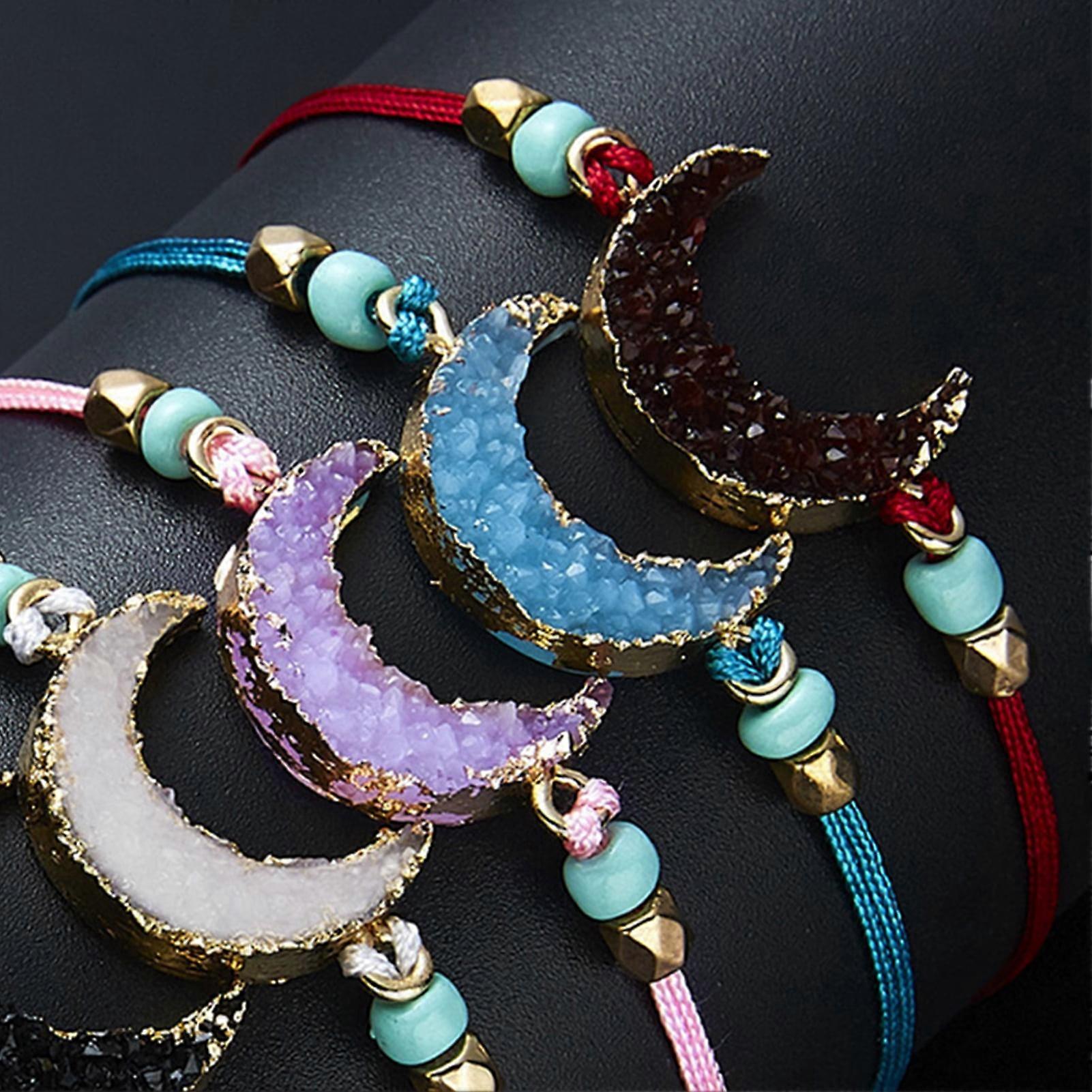 Happy date Crescent Moon Braided Strand Imitation Stone Resin Bracelet Adjustable Woven String Rope Cord Card Wrap Bangle Wristband