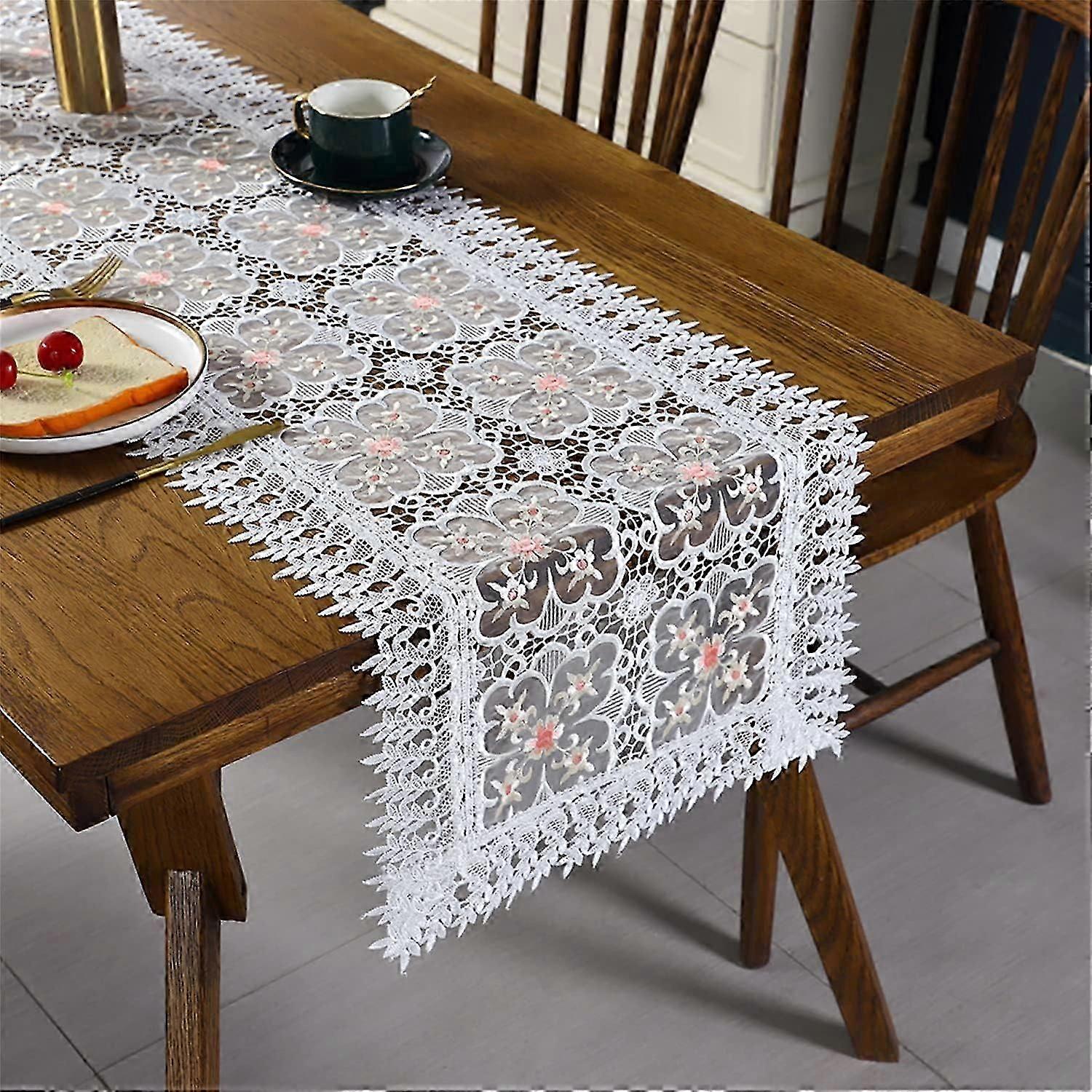 Lace Table Runner Rectangular White Cotton Linen Fabric Dresser Scarf, White 15 in x 71 in