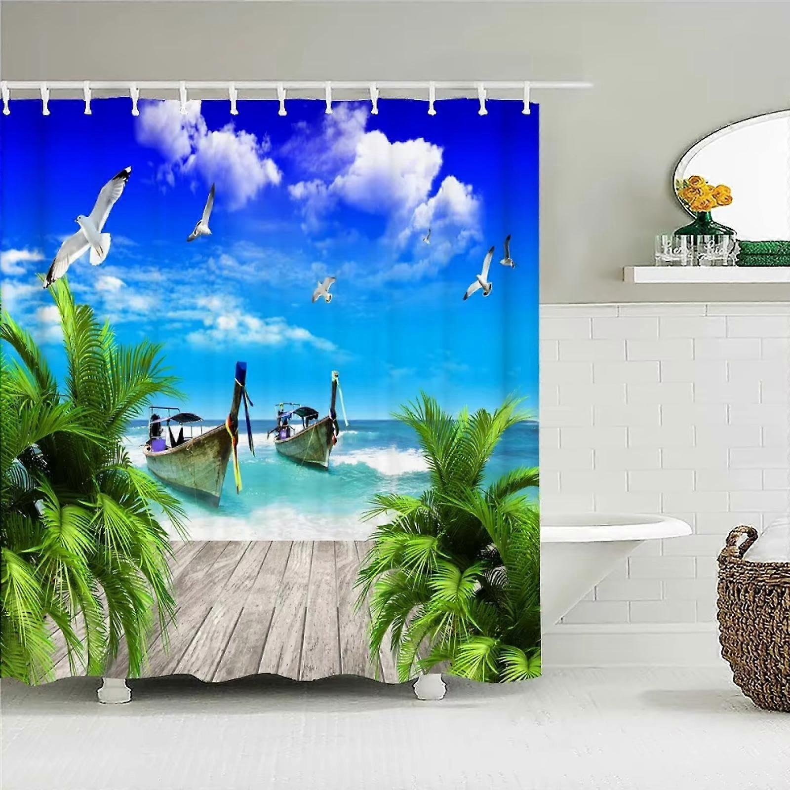 Shower Curtains Model 07 168x183 Cm Waterproof 3D Beach Palm Trees Scene