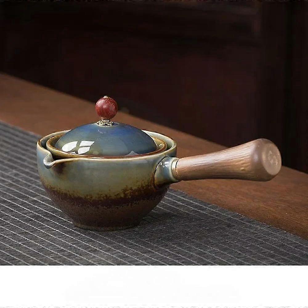 Ceramic Kung Fu Tea Set with 360° Rotating SemiAutomatic Teapot, Portable Side Handle Travel Set