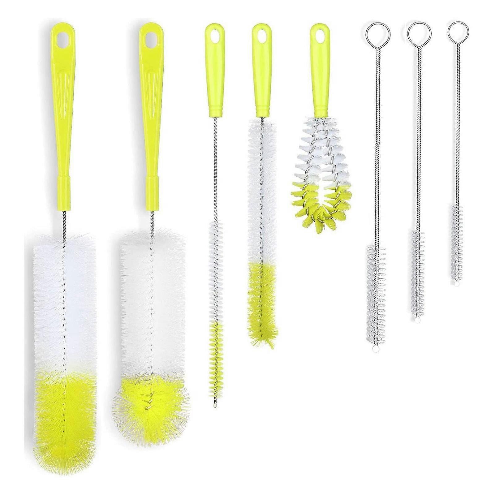 8 Piece Long Handle Cleaning Brush Set with Nylon Bristles for Narrow Bottles and Containers  Green and white