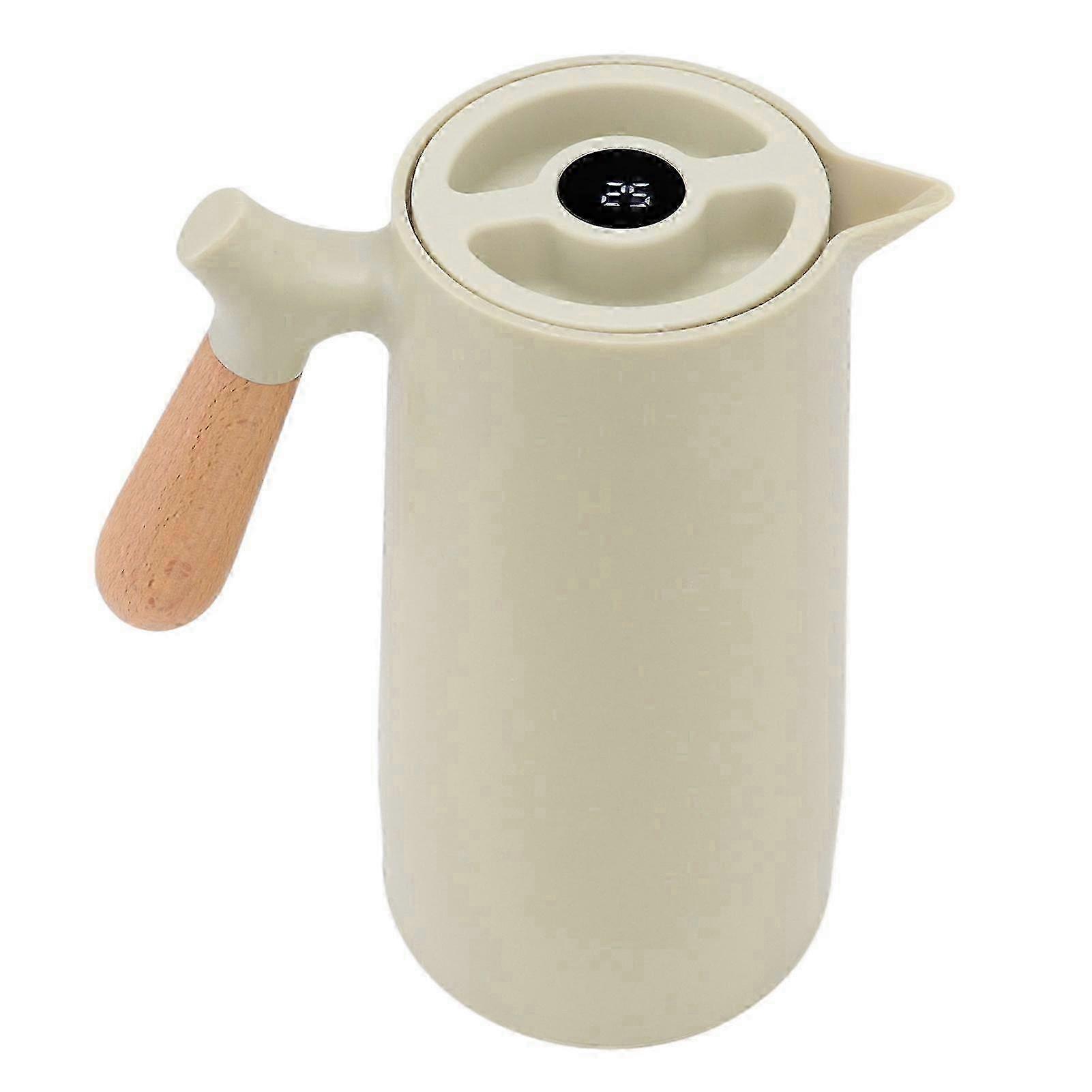 Thermal Coffee Carafe 1L Temperature Display Double Layer Vacuum Insulation Coffee Dispenser with Wood Handle for Home 25-26
