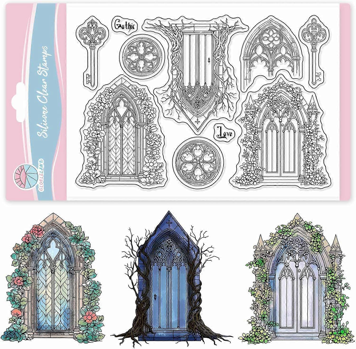 Vintage Gothic Architecture Clear Stamps for Scrapbooking Flowers Door Key Silicone Stamps Branch Window Transparent Stamp for Card Making DIY Embossi