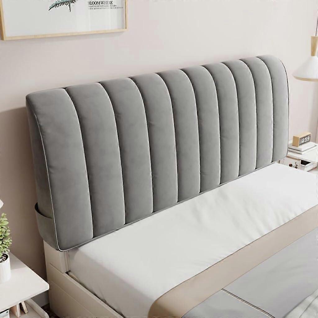 Velvet Headboard Cover with Quilted Texture, Elastic Fit and Side Pockets, Dust Resistant 220cm Gray