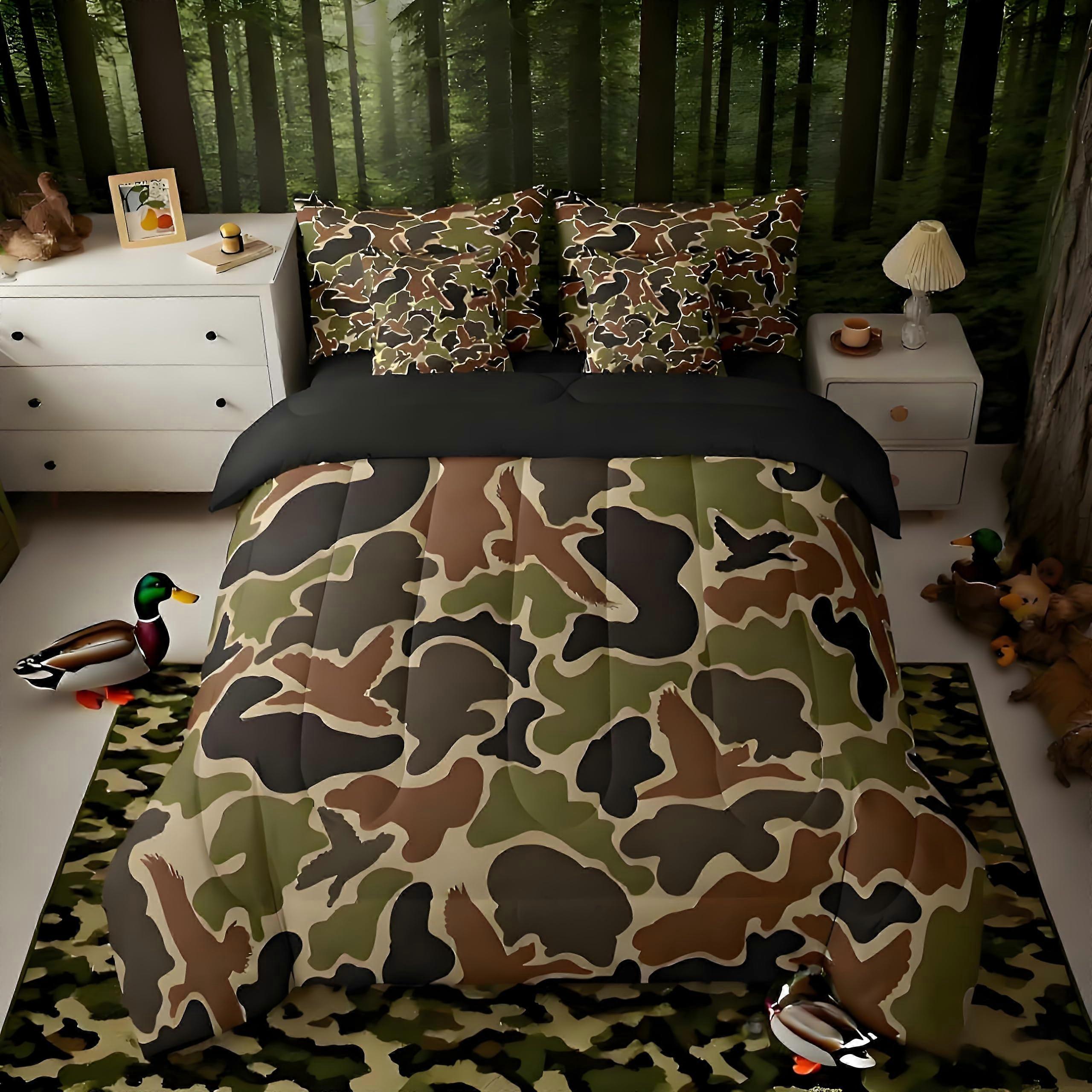 Queen Camouflage Comforter Set with Sheets, 7Piece Breathable Microfiber Bedding, Duck Hunter Green