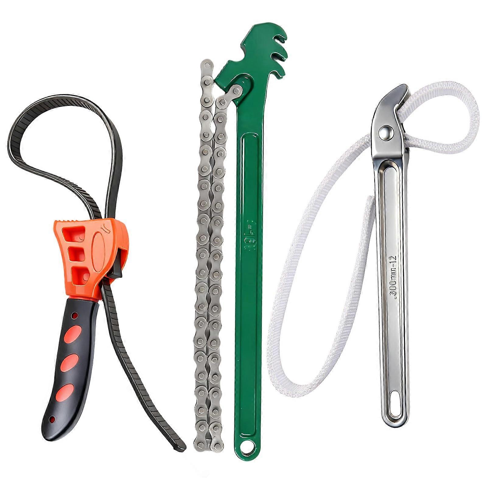 3 Piece Chain and Strap Wrench Set Heavy Duty NonSlip Adjustable Tool Kit for Plumbing and Oil Filter