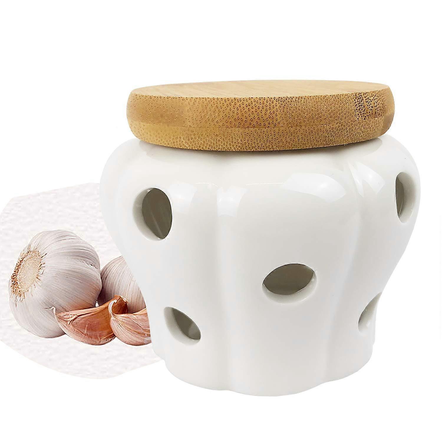 Garlic Keeper Ceramic Storage Jar with Bamboo Lid, Vented Design Keeps Garlic Fresh Longer
