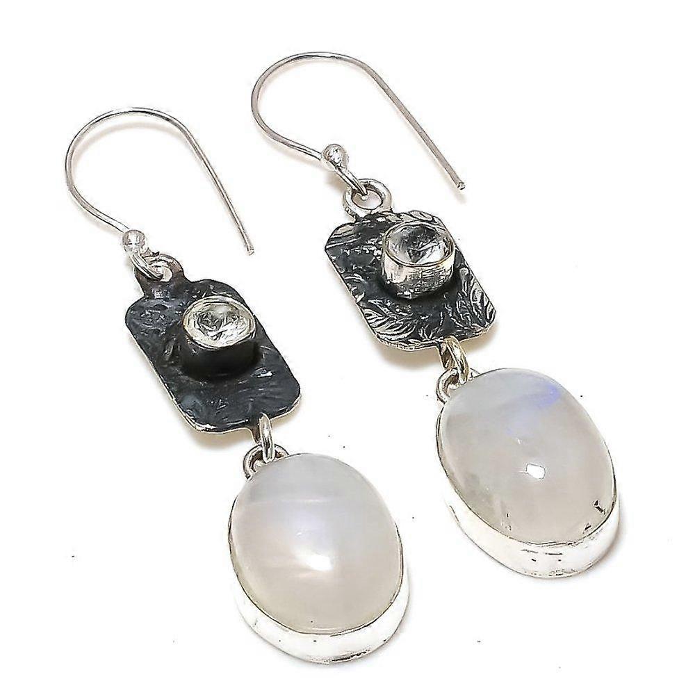 Natural Rainbow Moonstone, White Topaz 925 Sterling Silver Earring 2.36" o7e05