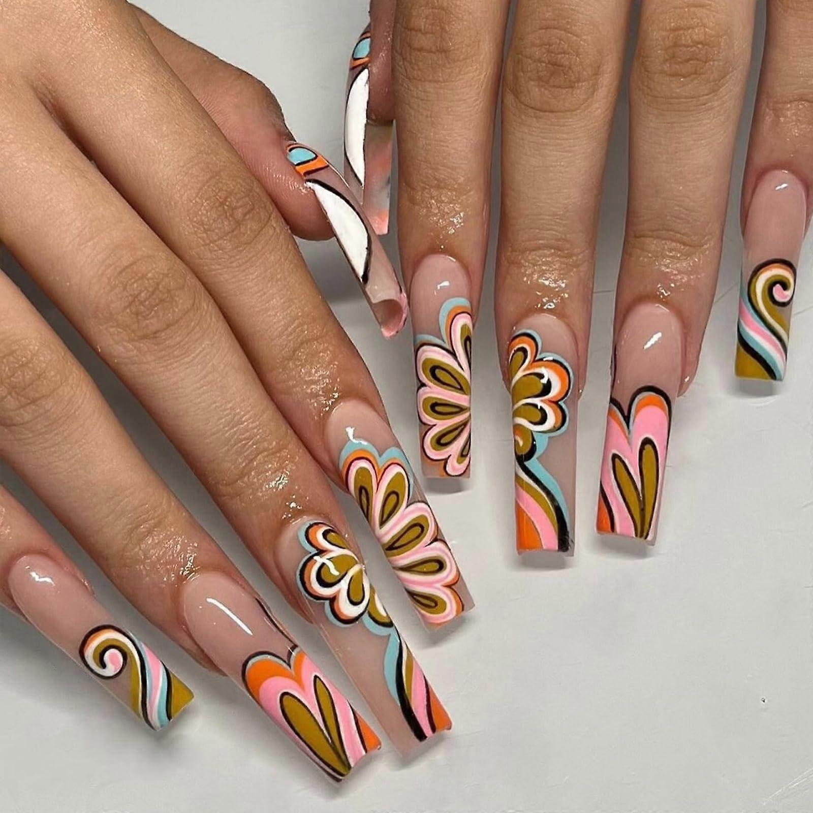 Extra Long Press On Nails with Spring Flowers, Soft Gel Reusable Square Shape Fake Nails 24pcs