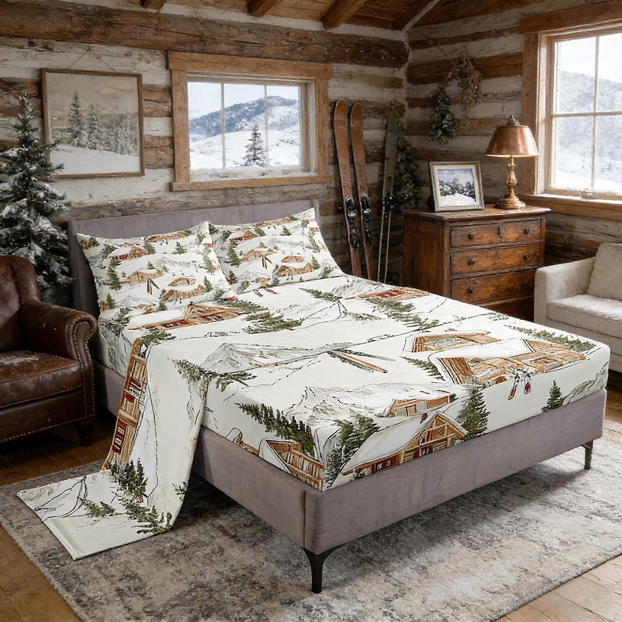 Cabin Bedding Set Twin Size 3 Piece Soft Durable Microfiber Rustic Snow Mountain Sheets