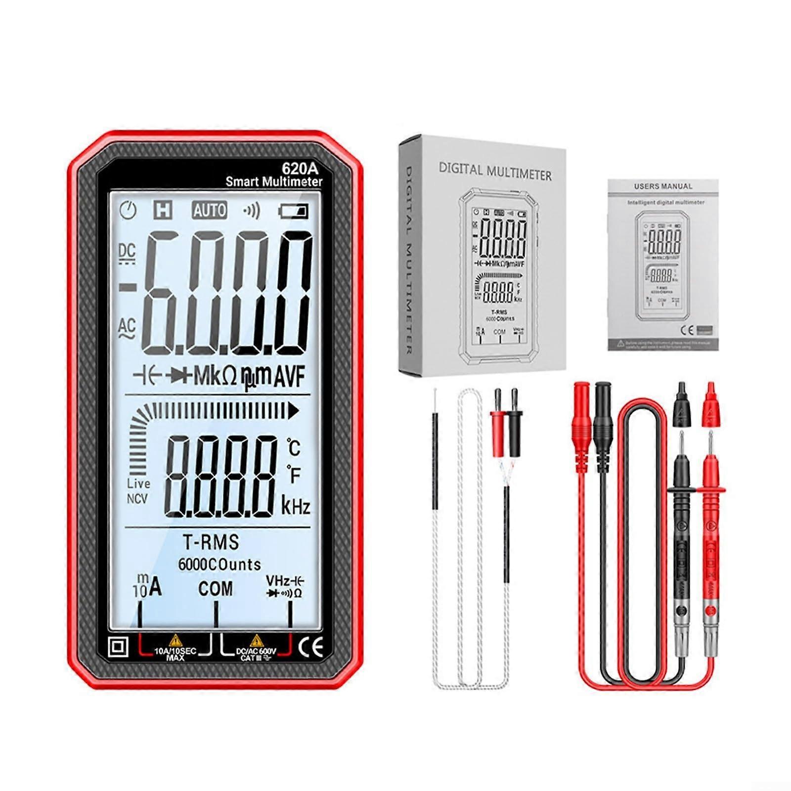 620A Digital Multimeter 6000 Counts AutoRanging with NCV Detection Backlight Flashlight Dual Fuse Protection Red