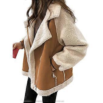 Abrigo de invierno de moda para mujer, de piel sintética de cordero, chaqueta de motociclista corta de lana de cordero con solapa y cremallera, color caqui, talla XL