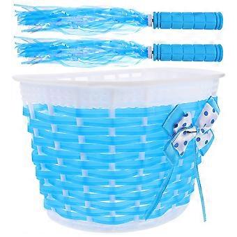 Set cestino per bicicletta per bambini, 1 set di coprimanubrio blu con nastrini.