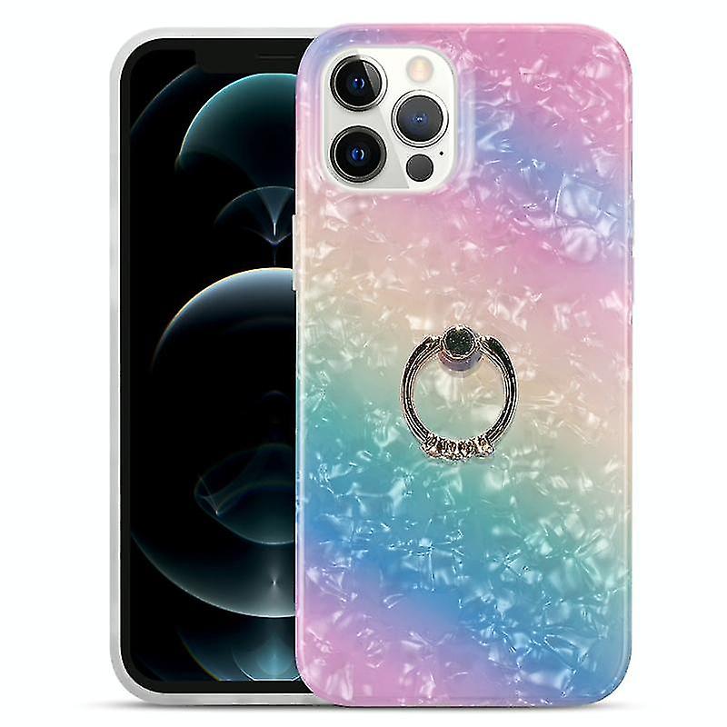 For Iphone 13 Gradient Color Shell Texture Imd Tpu Shockproof Case With Ring Holder(gradient Purple Pink)