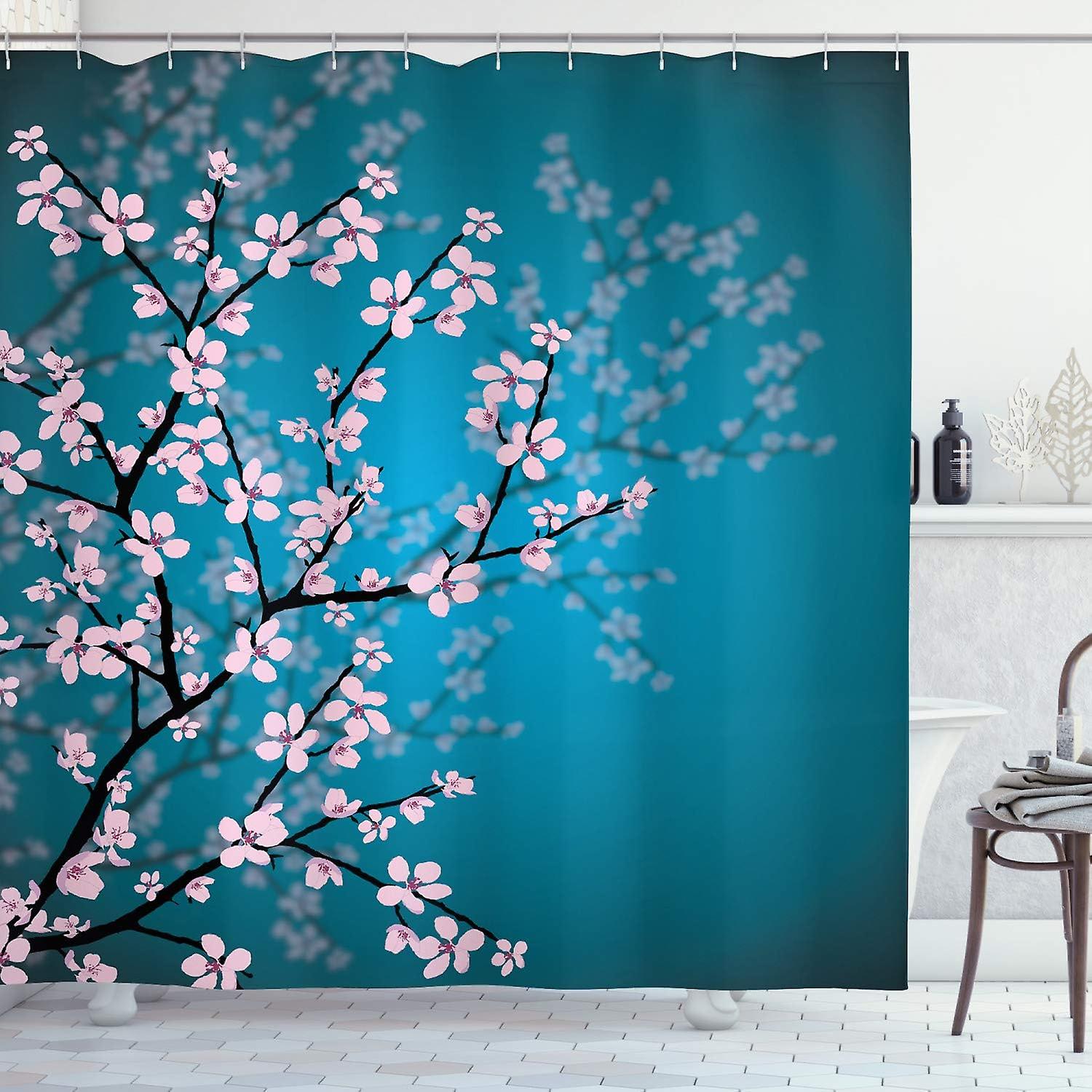 Japanese Shower Curtain, Sakura Bloom Pattern, Fabric Bathroom Decor Set with Hooks, 180 cm x 180 c
