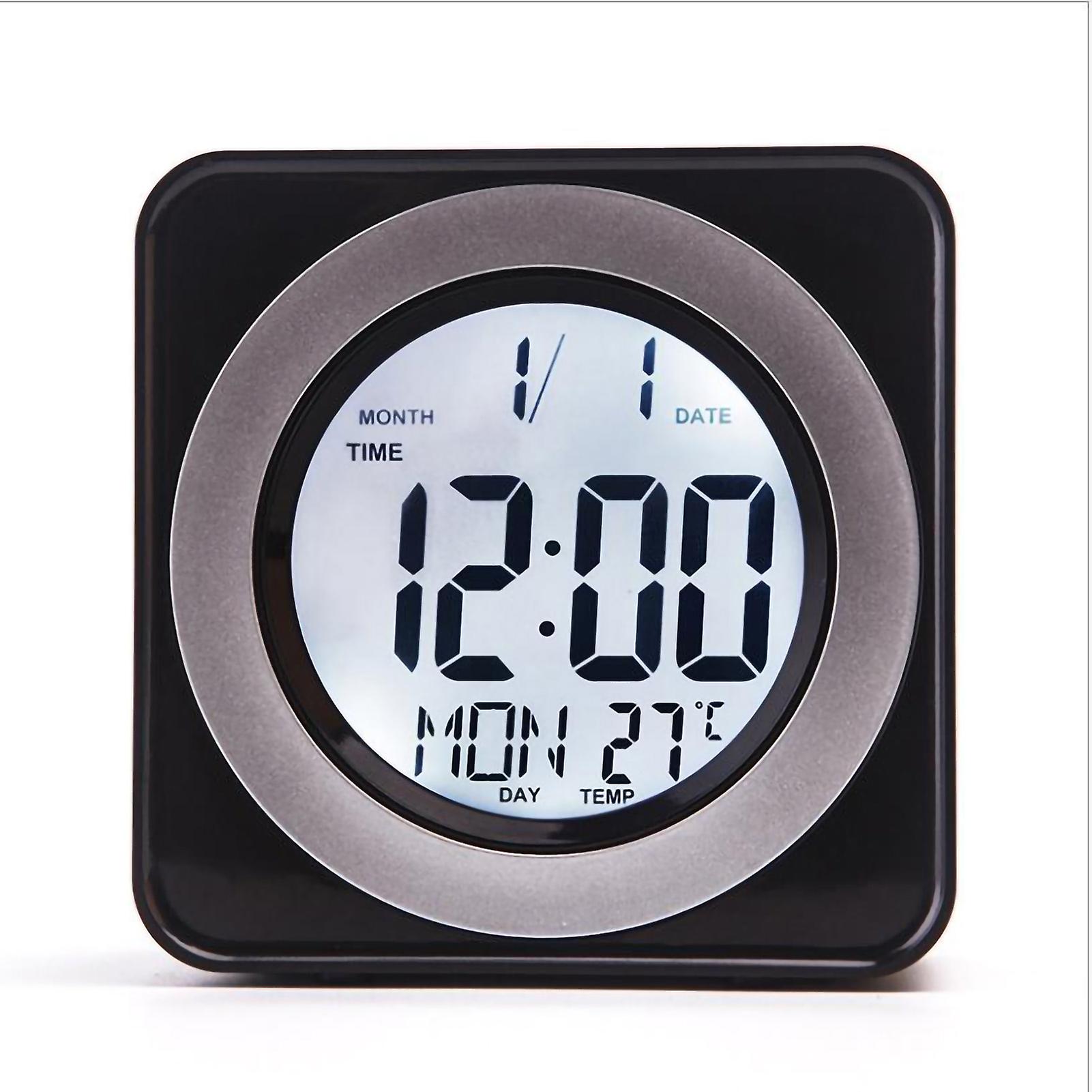 Black Electronic Clock with Voice Control, LCD Backlight, Calendar, and Temperature