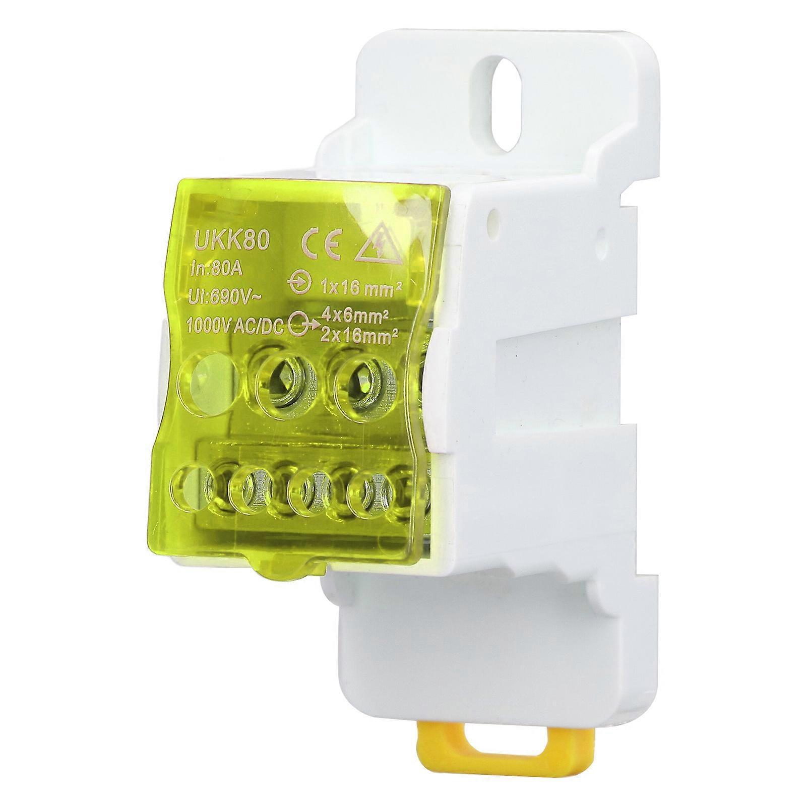 690V 80A DIN Rail Terminal Block Distribution Box Spliceable Brass Conductor Terminal Junction Box for House Appliances Yellow