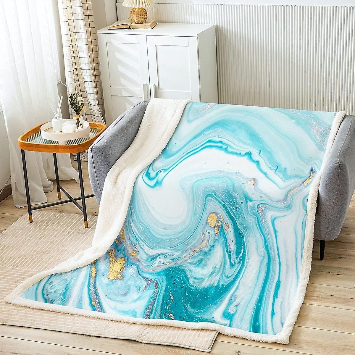Teal Marble Sherpa Blanket Aqua Marble Fleece Throw Blanket Turquoise Marble Plush Blanket Child Kids Colorful Abstract Art Fuzzy Blanket for Sofa Bed