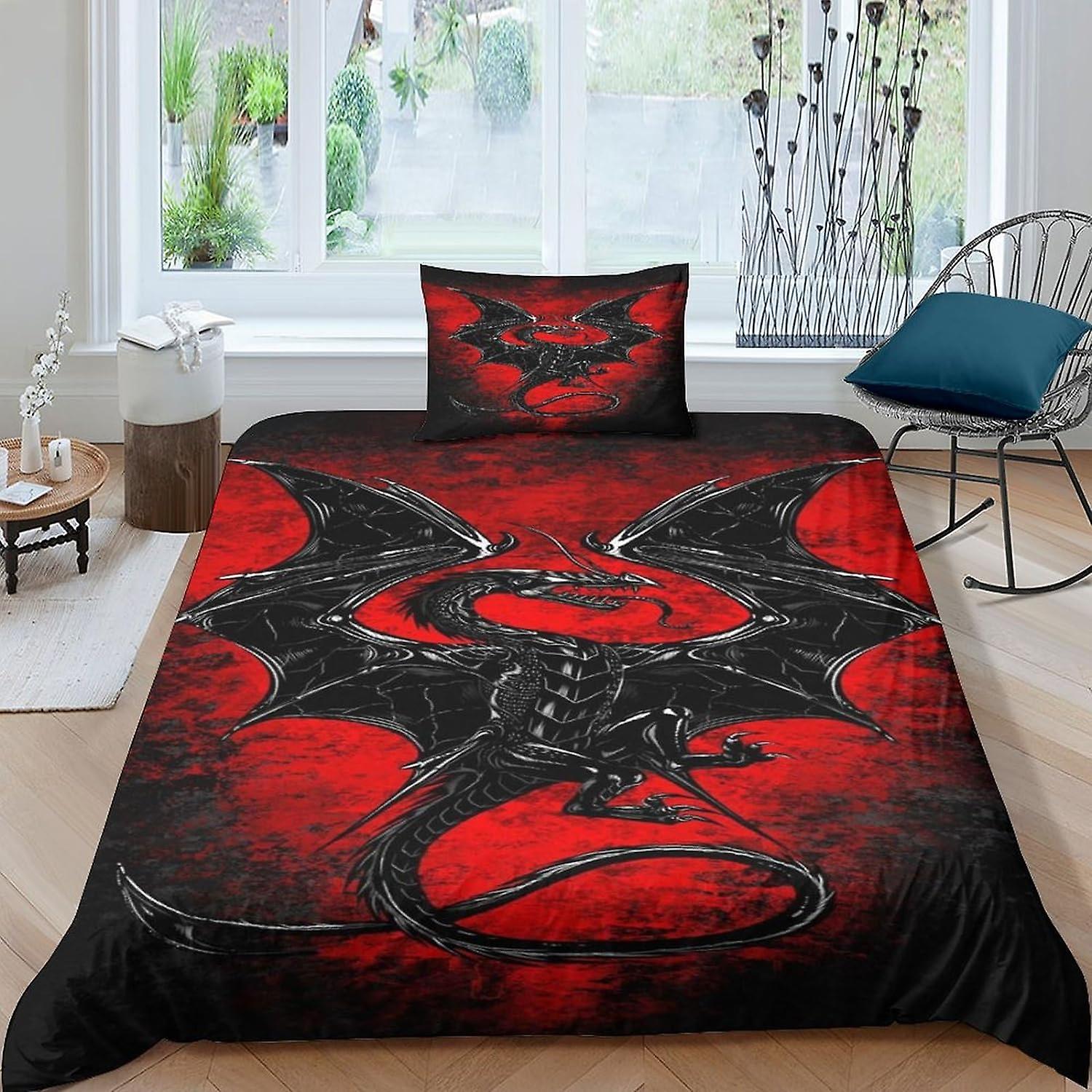ARIJORJA Dragon Housse de couette avec taies d’oreiller noir Ensemble de literie noir à motif noir avec fermeture à glissière Housse de couette en microfibre douce