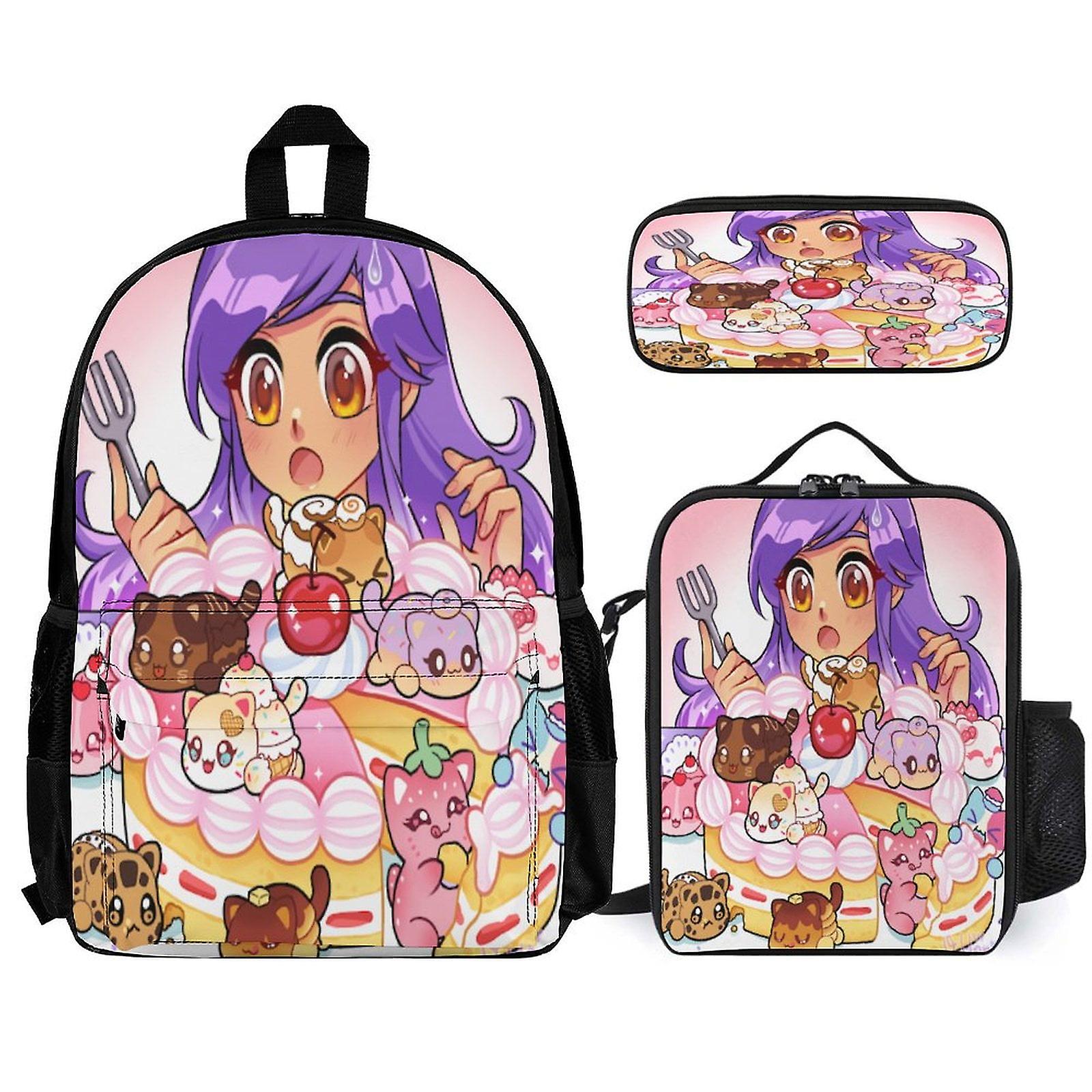 Aphmau حقيبة ظهر 3 قطعة مجموعة حقيبة ظهر للكمبيوتر المحمول مع قلم رصاص حقيبة غداء مختلطة