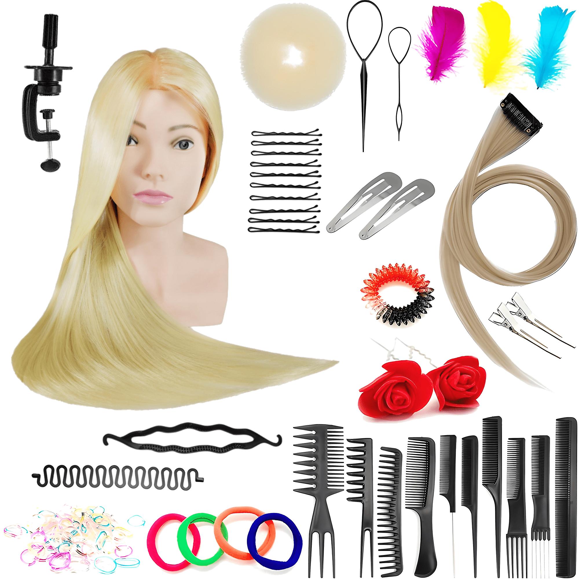 Ula 70 Blonde Training Head Set, Συνθετικά Μαλλιά + 80 Αξεσουάρ + Χερούλι, Κομμωτήριο Κεφάλι Χτενίσματος, Κεφάλι Άσκησης