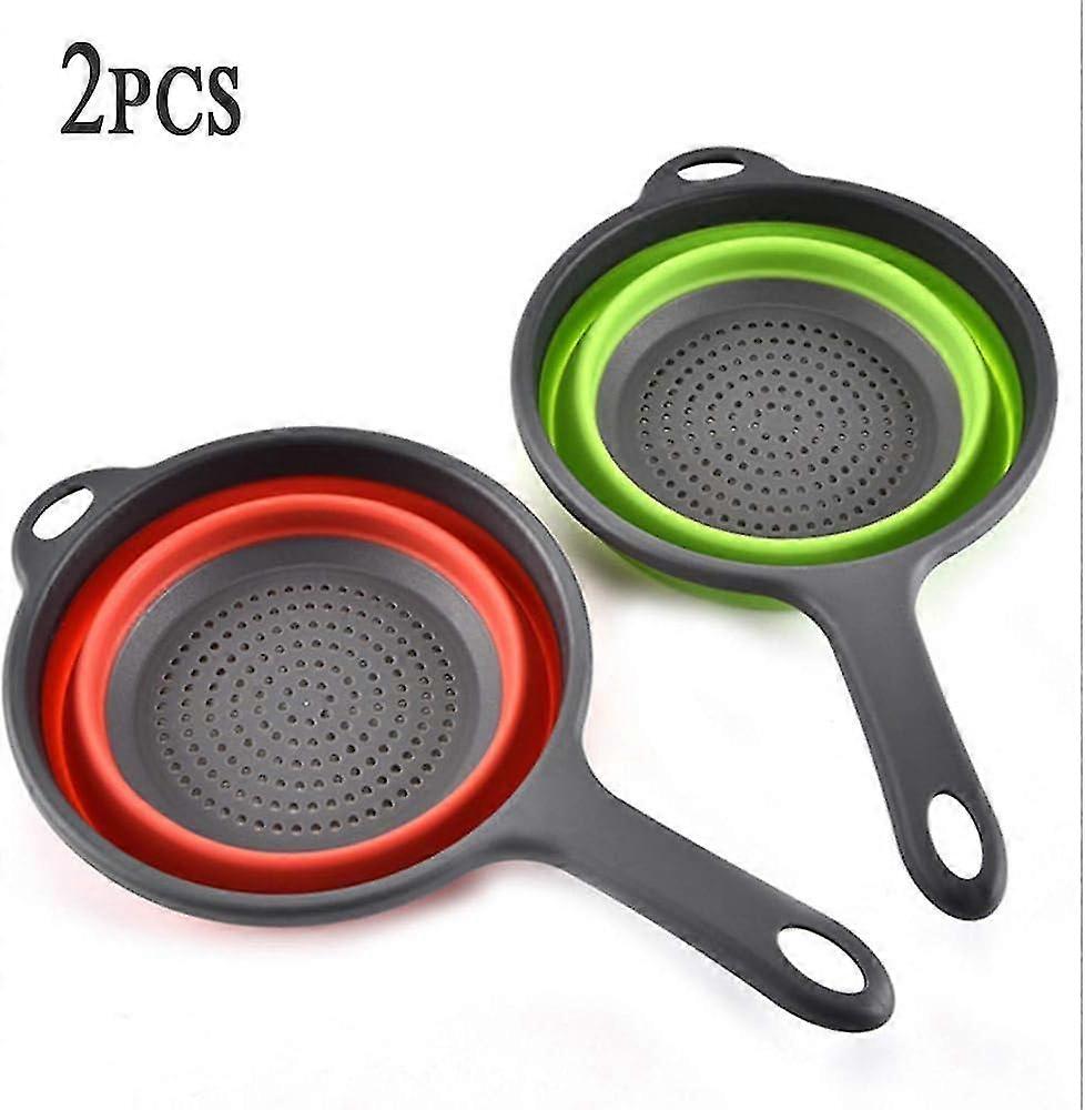 2 collapsible silicone filter baskets with handles for draining fruit and vegetable noodles (green, red)