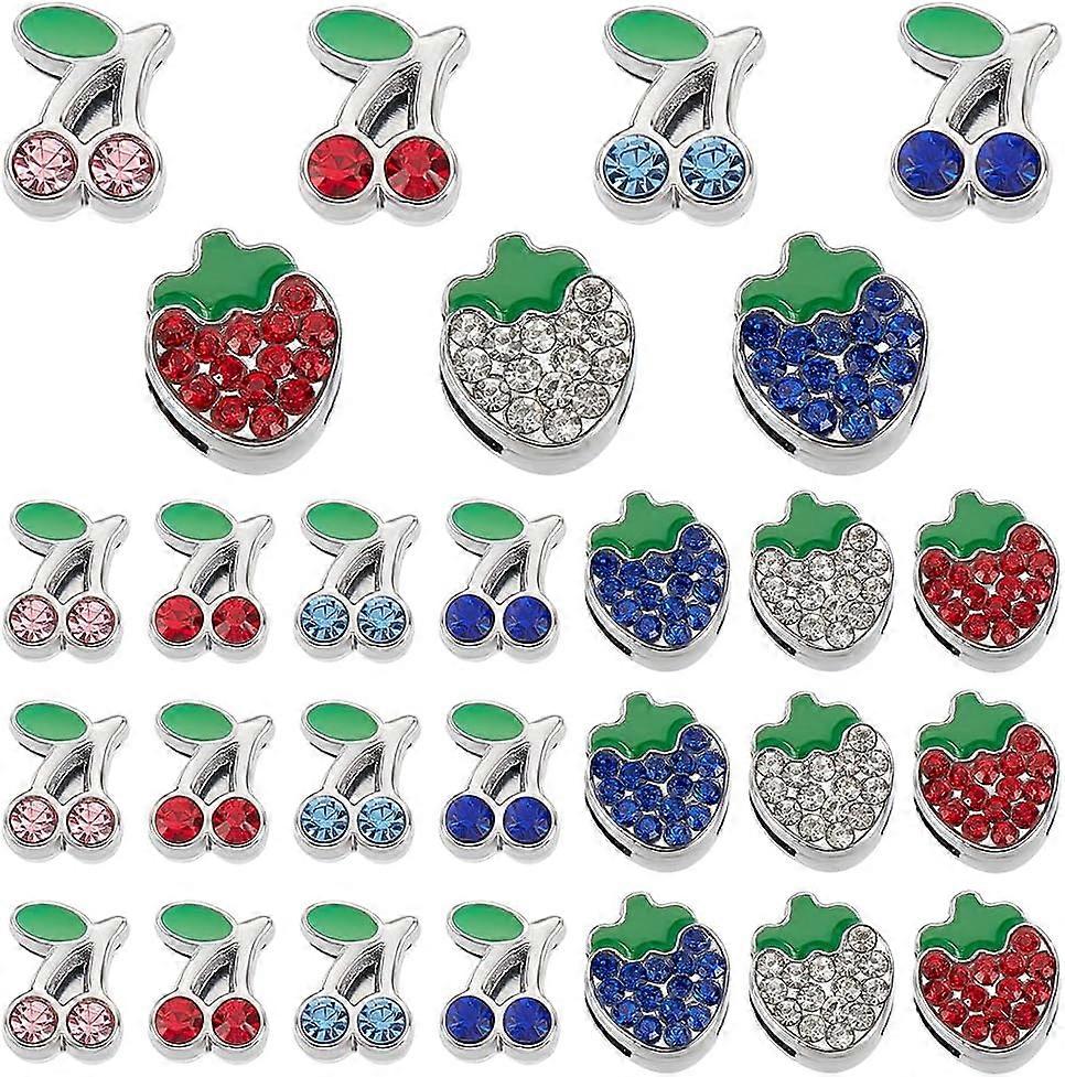 28pcs 7 Styles Rhinestone Slide Charms Bling Rhinestone Pendants Enamel Dangle Charms Cherry Pendants Strawberry Pendants for DIY Bracelets Necklace E