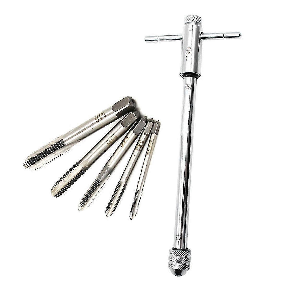 Langer, verstellbarer, silberner Ratschen-Windeisen mit T-Griff und 5 metrischen Gewindebohrern mit M3-m8-Gewinde (3 mm - 8 mm)