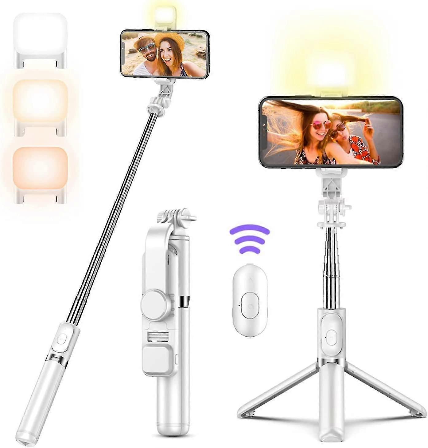 عصا سيلفي ترايبود مع ضوء تعبئة ، عصا سيلفي بلوتوث خفيفة الوزن قابلة للتمديد - أبيض