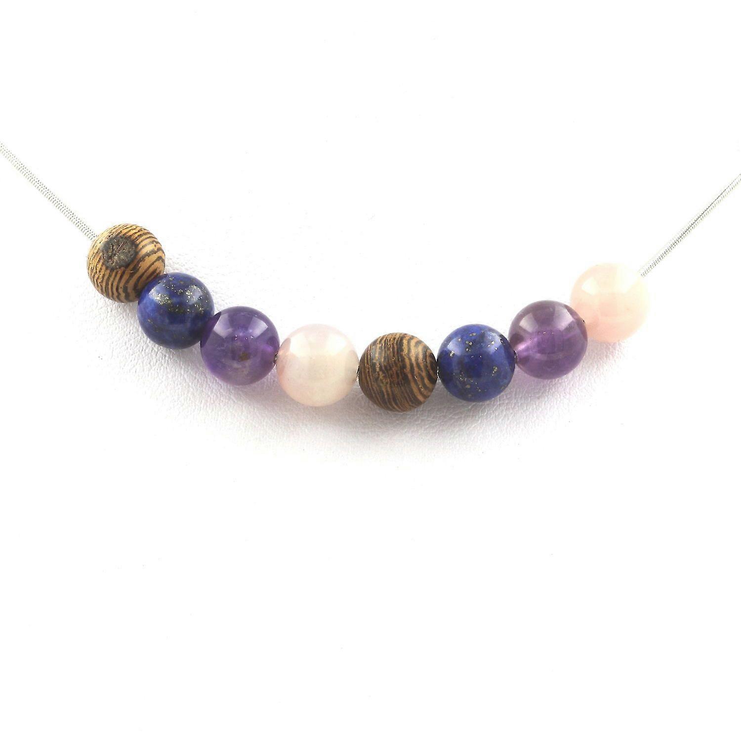Rose Quartz Beads Necklace + Amethyst + Lapis Lazuli + wood 8 mm