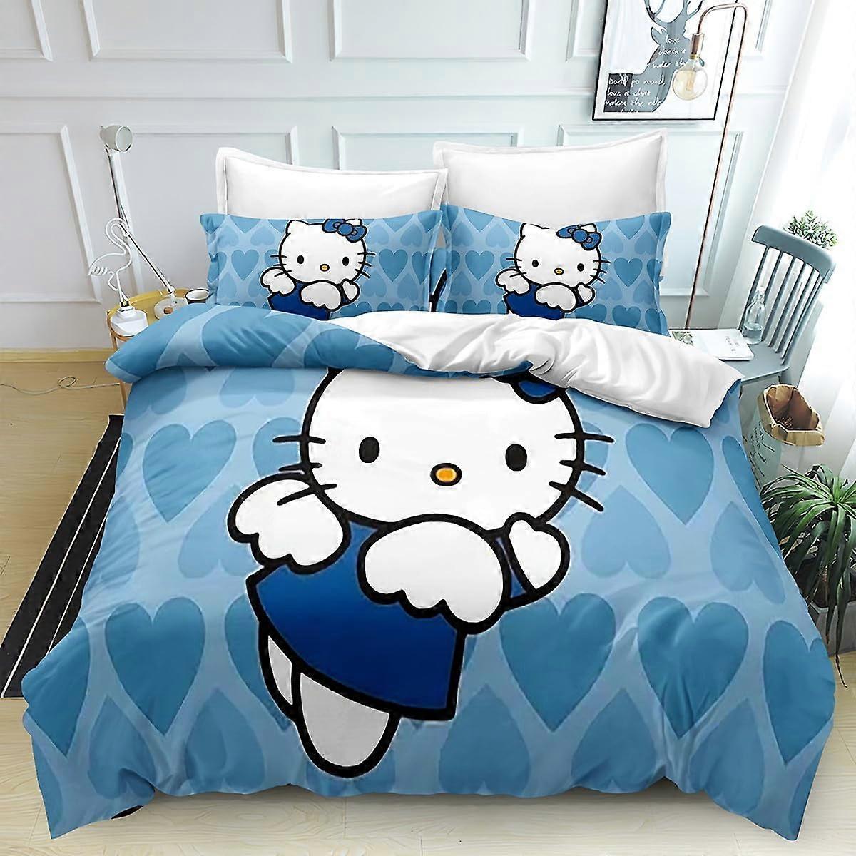 i124 The Anime Povlak na přikrývku Hello Set Povlak na přikrývku Kitty 3 kusy Ložní prádlo Tištěné povlaky na přikrývku s povlaky na polštáře Snadná péče a měkká ruka Fe