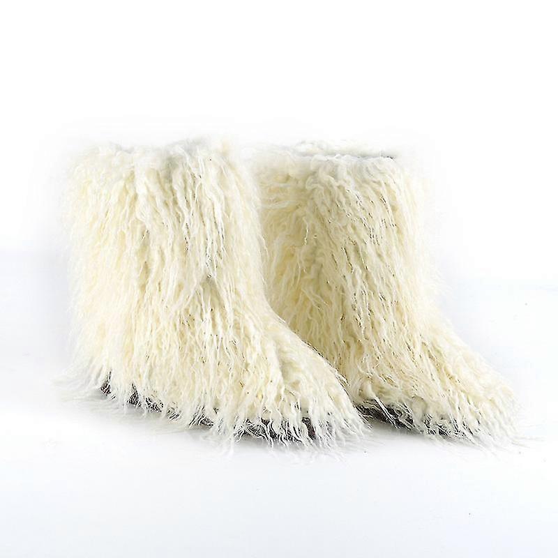 Fur Boots For Women Fuzzy Fluffy Furry Round Toe Suede Winter Comfy Plush Warm Short Snow Bootie Flat Shoes Mid-calf Boots Outdoor Ind