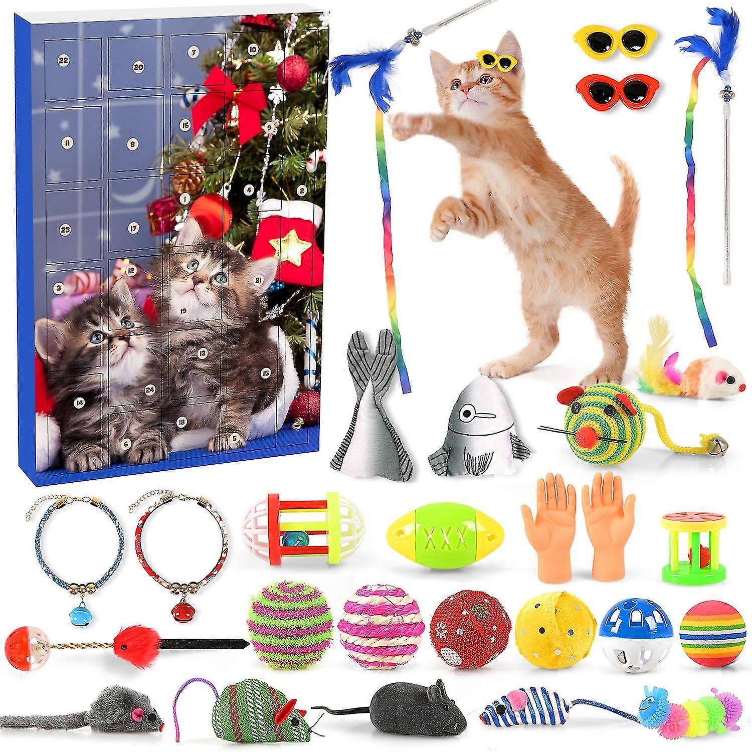 Cat Toys Advent Calendar 2022 Christmas, 24pcs Interactive Kitten Toys Cat Collars Assortments Cat Feather Teaser, Catnip Fish