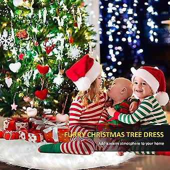 White Plush Christmas Tree Skirt - 30 Inch Diameter With Gold Foil Trees, Holiday Decor For Indoor/Outdoor