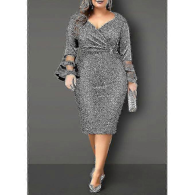 Plus Taille Femmes Robes 2021 Automne Élégant Soie Brillante Soirée Anniversaire Robe de fête V Col Mesh Manches Club Tenues Argent Tw