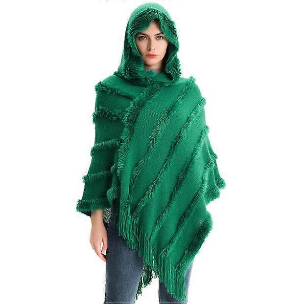 Women Hooded Cape with Fringed Hem, Knitting