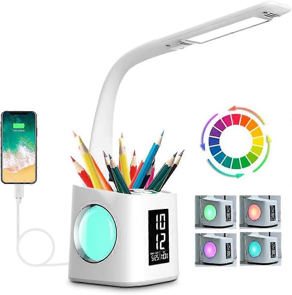 Study LED Desk Lamp with USB Charging Port&Screen&Calendar&Color Night Light, Kids Dimmable LED Table Lamp with Pen Holder&Clock, Desk Reading Light f