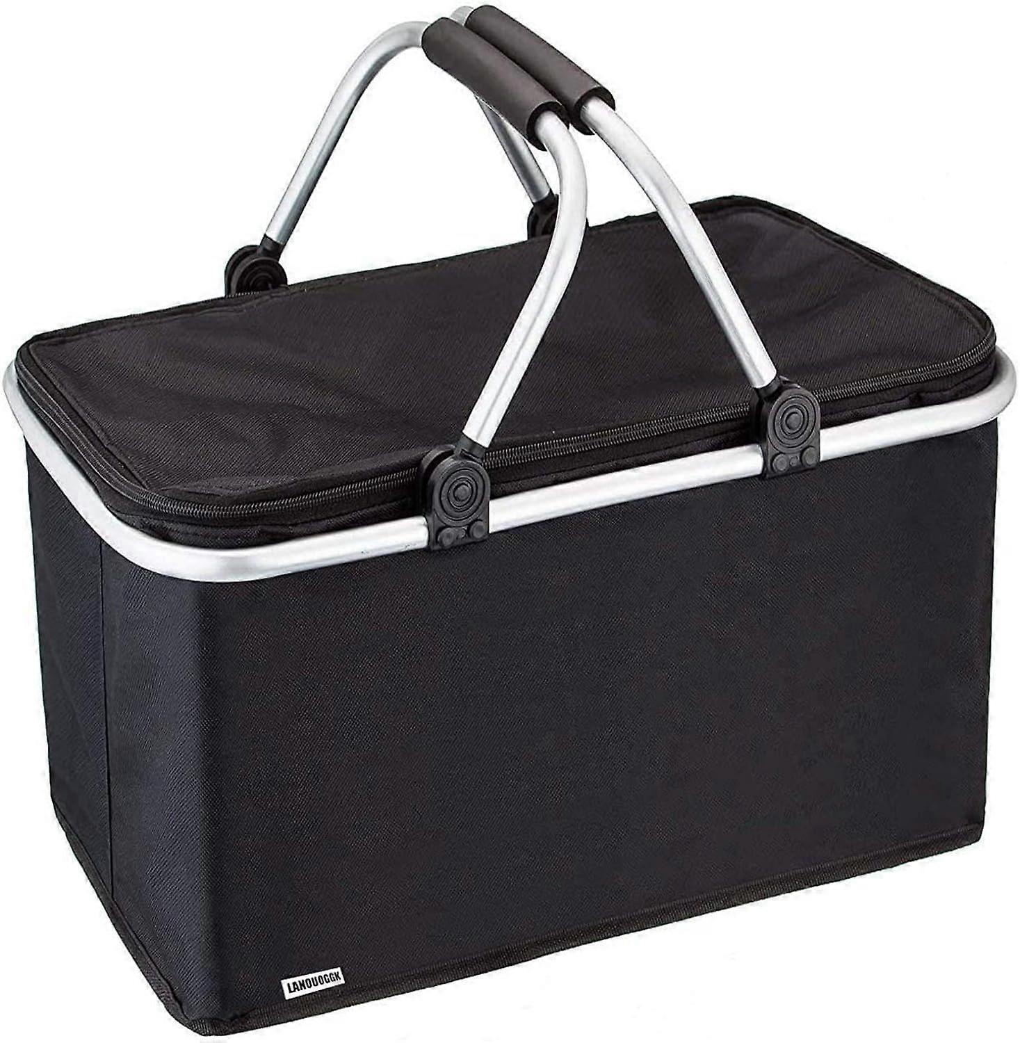 Picknickkorb - Outdoor - Faltbar - Wasserdicht - Picknick-Eissack isoliert - Starker Aluminiumrahmen (Schwarz)