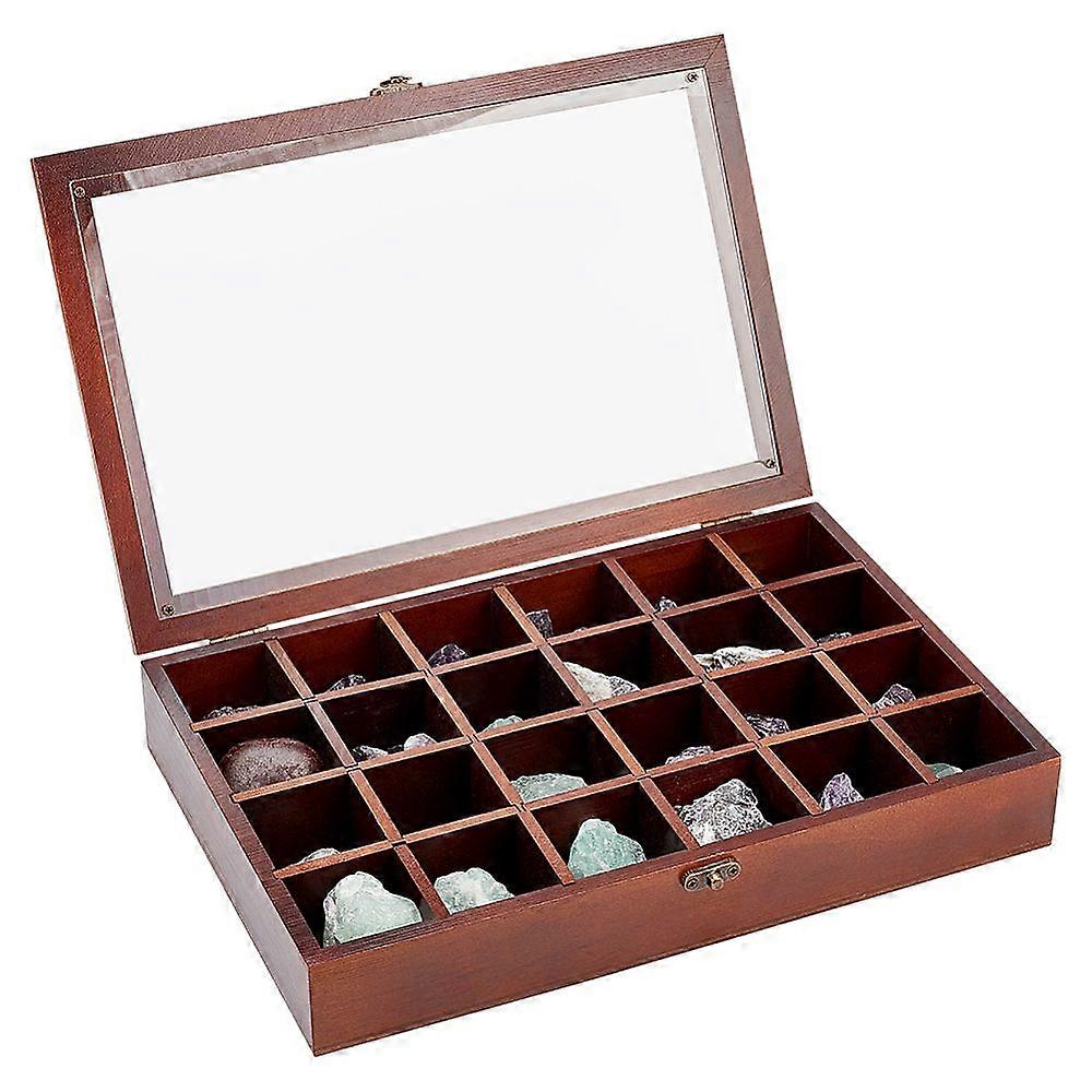 24 Grids Rectangle Wood Loose Diamond Organizer Display Case with Visible Window for Jewelry Cabochons Displays Coconut Brown 30.1x20.4x5.1cm