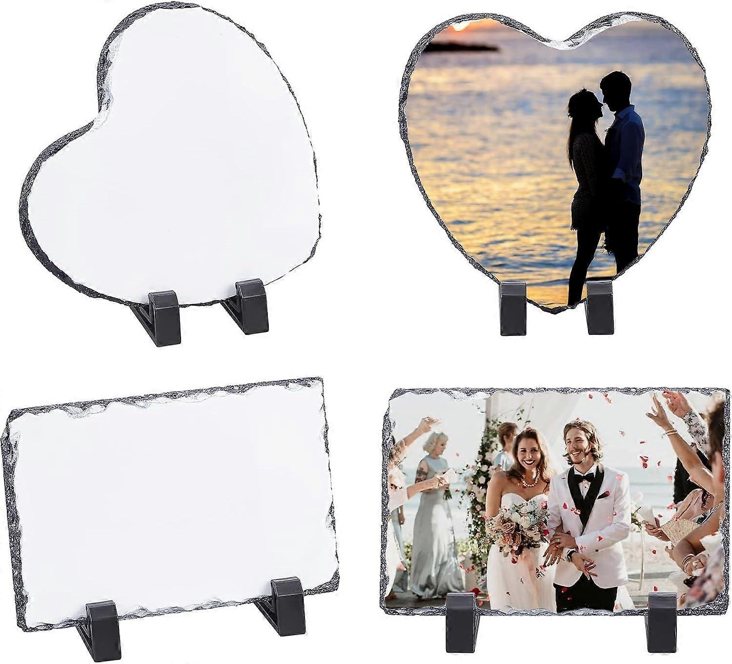 2Pcs 2 Styles Sublimation Blank Slate Rock Stone Heart Rectangle Photo Frame with Display Holder Transfer Heart Picture Frame for Commemorate Mother's